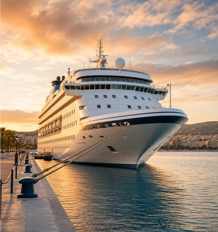 Maritime team at port with cruise vessel at sunset
